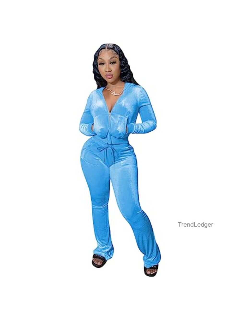 Y2K Velour Tracksuit 2 Piece Zip Up Hoodie Flared Pants Lounge Set